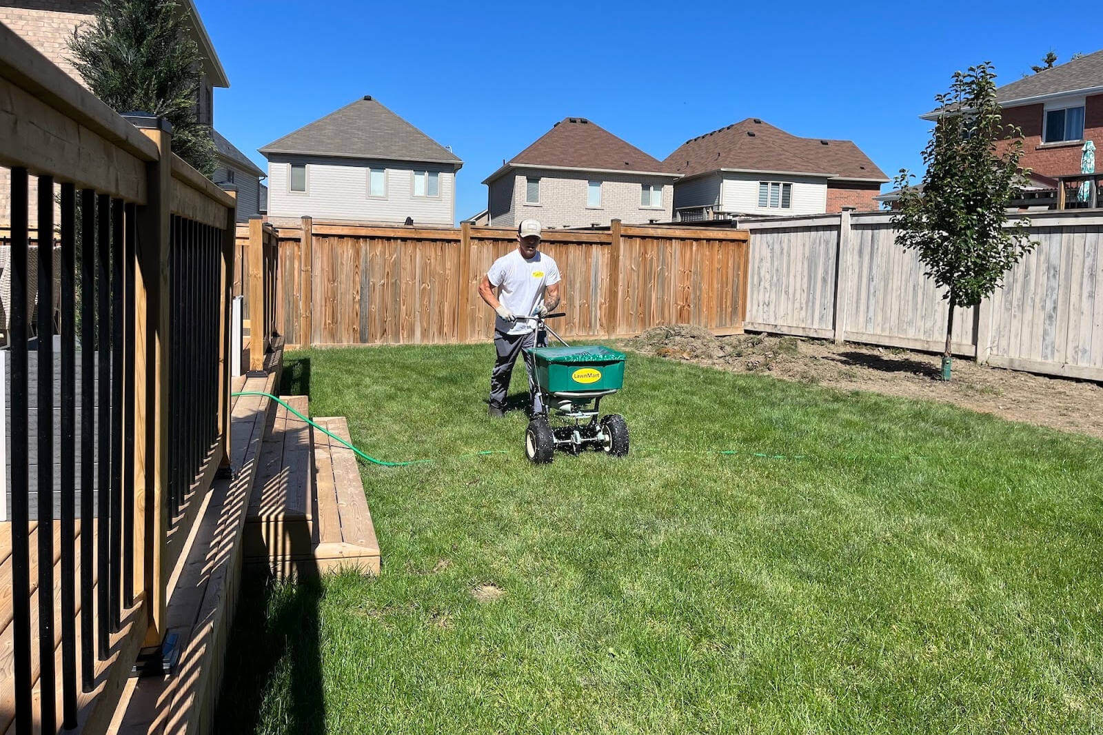 A gardener mowing a lawn
